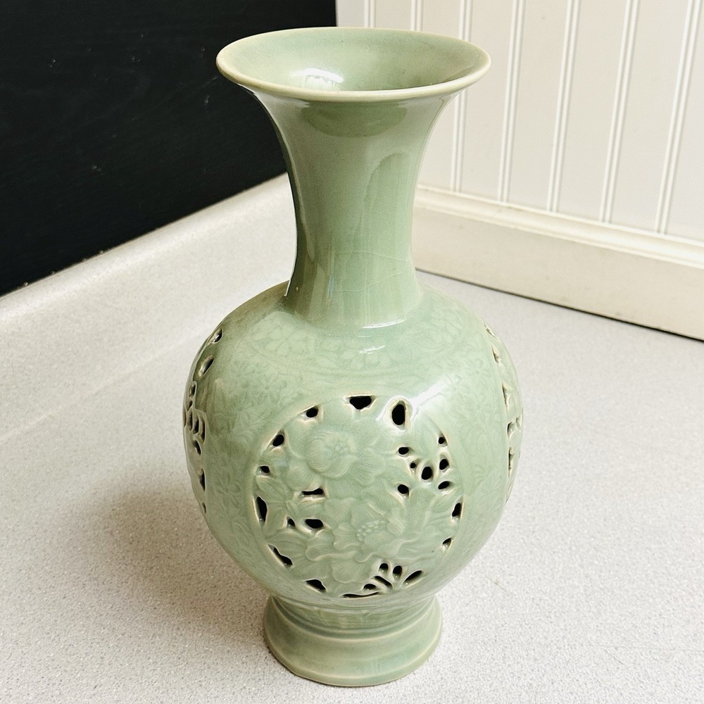 VTG Korean Celadon Vase 13" Floral Embossed Glaze Crackle Signed Pottery Art